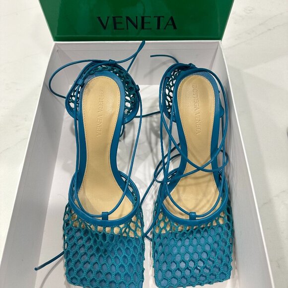 Bottega Veneta Blue Mesh Lace-Up Heels - Picture 1 of 5
